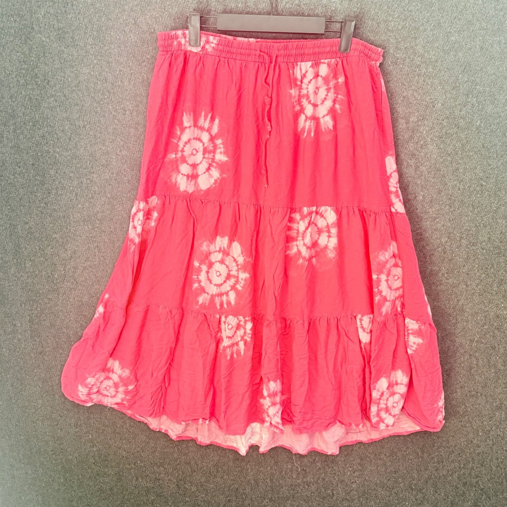 Pink Tie Dye Tiered Midi Skirt Womens Large Boho Dainty Coastal Beachy Peasant